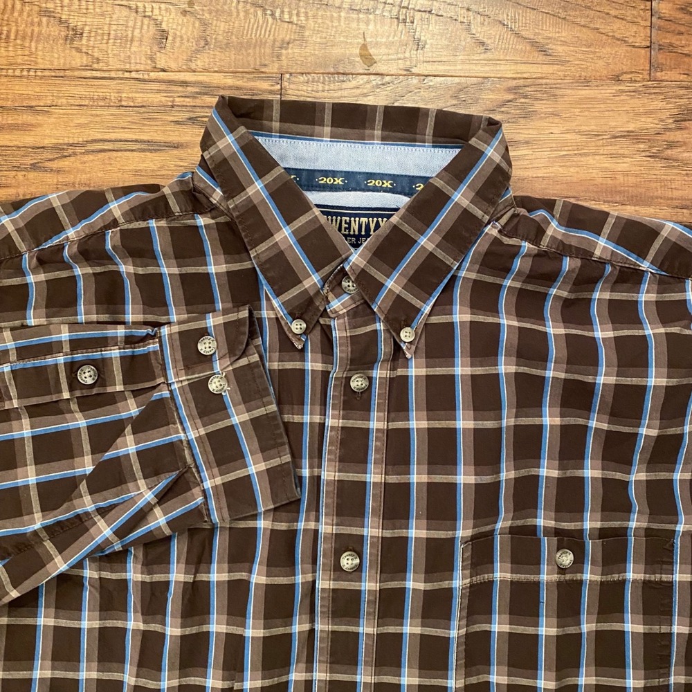 Wrangler 20X Competition Shirt Mens XXL Brown Blue Plaid Western MJ2467M